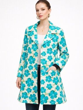 Vintage 80s Floral Trench Coat Turquoise Grannycore Cottagecore Chic